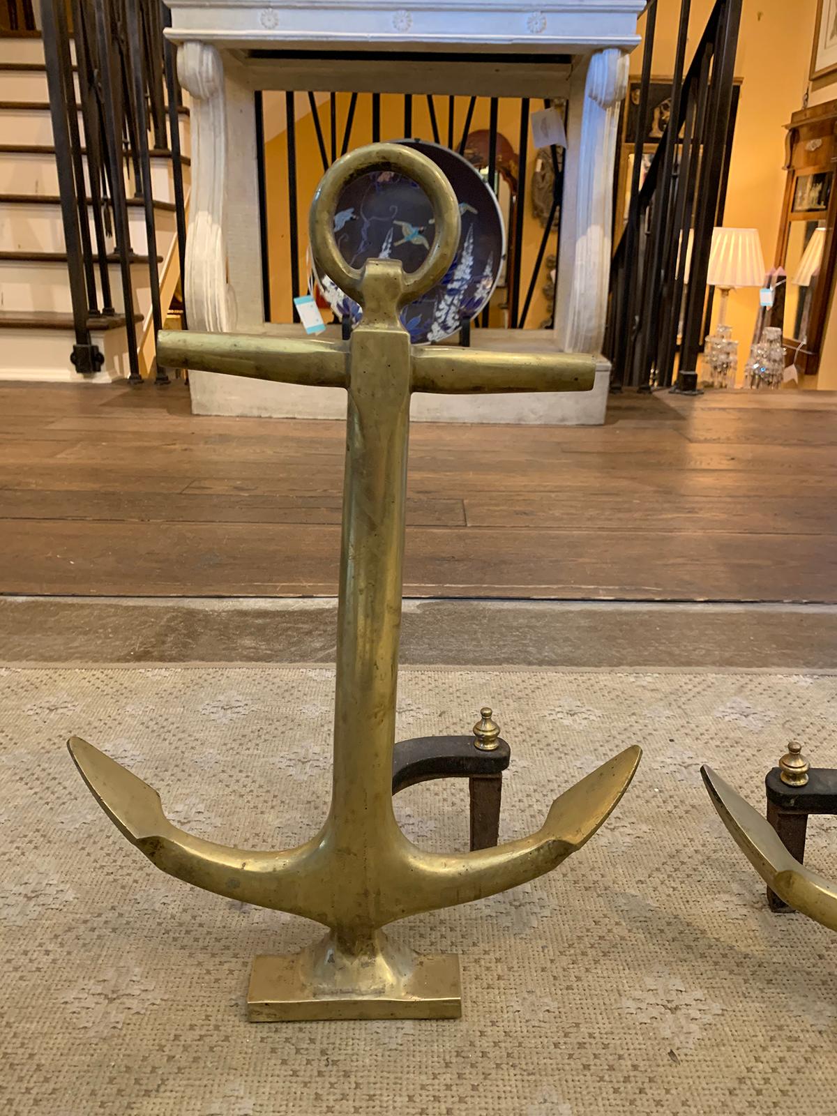 Pair of 20th Century Brass Anchor Andirons 9