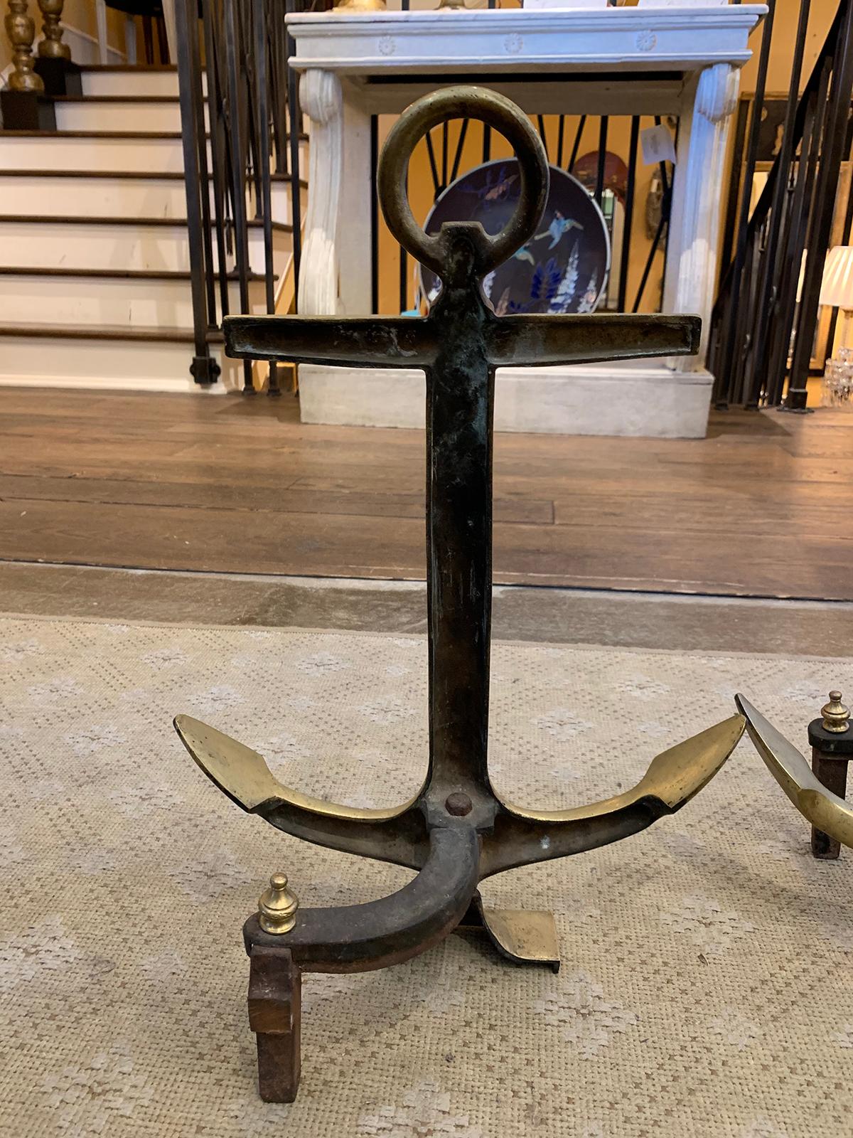 Pair of 20th Century Brass Anchor Andirons 10