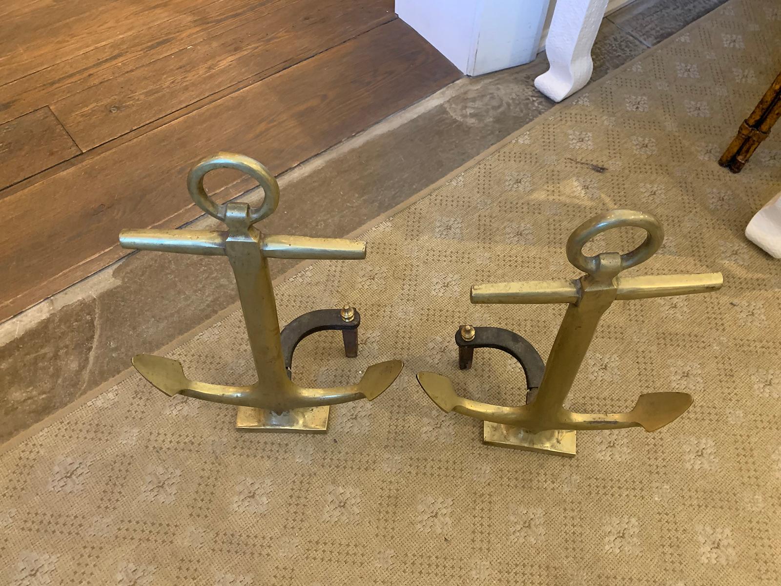 Pair of 20th Century Brass Anchor Andirons 13