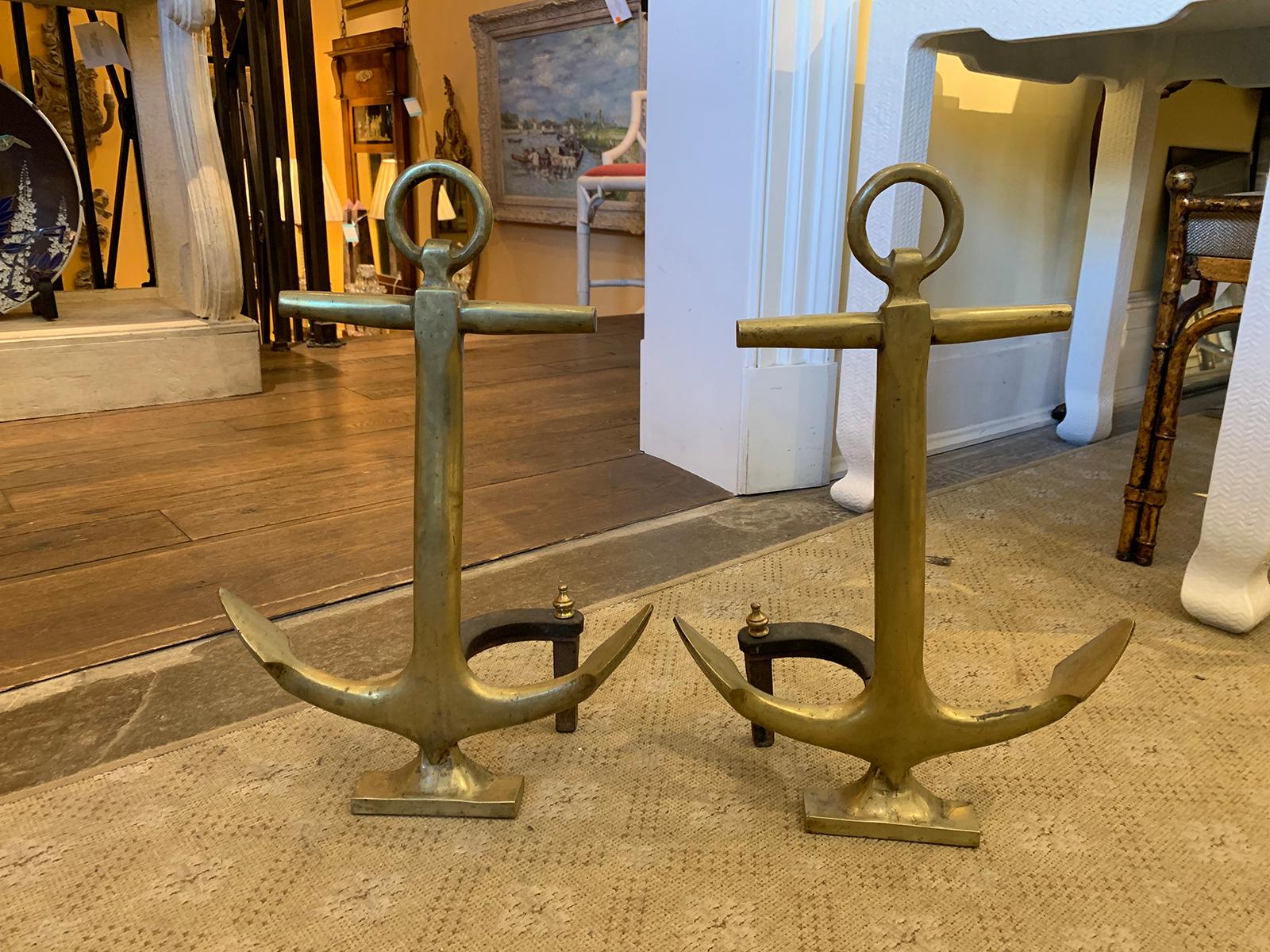 Pair of 20th century brass anchor andirons.