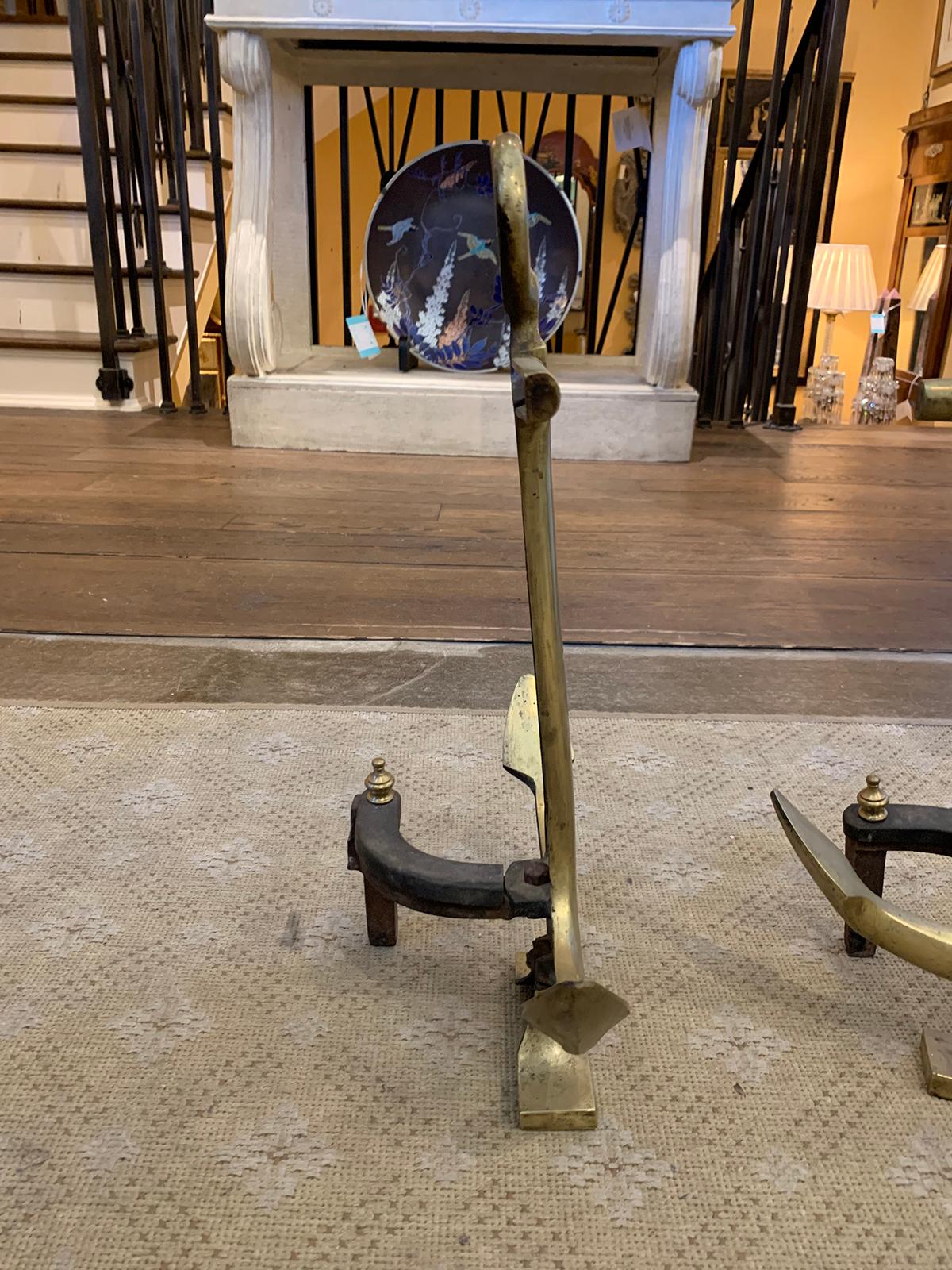 Pair of 20th Century Brass Anchor Andirons 1