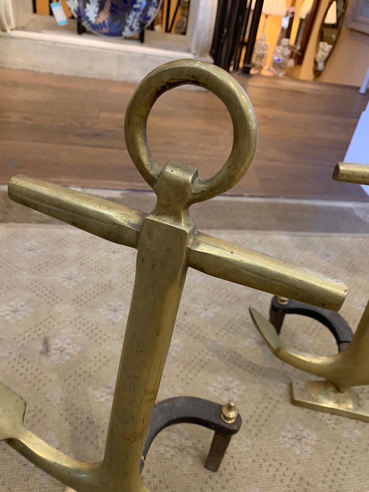 Pair of 20th Century Brass Anchor Andirons 3