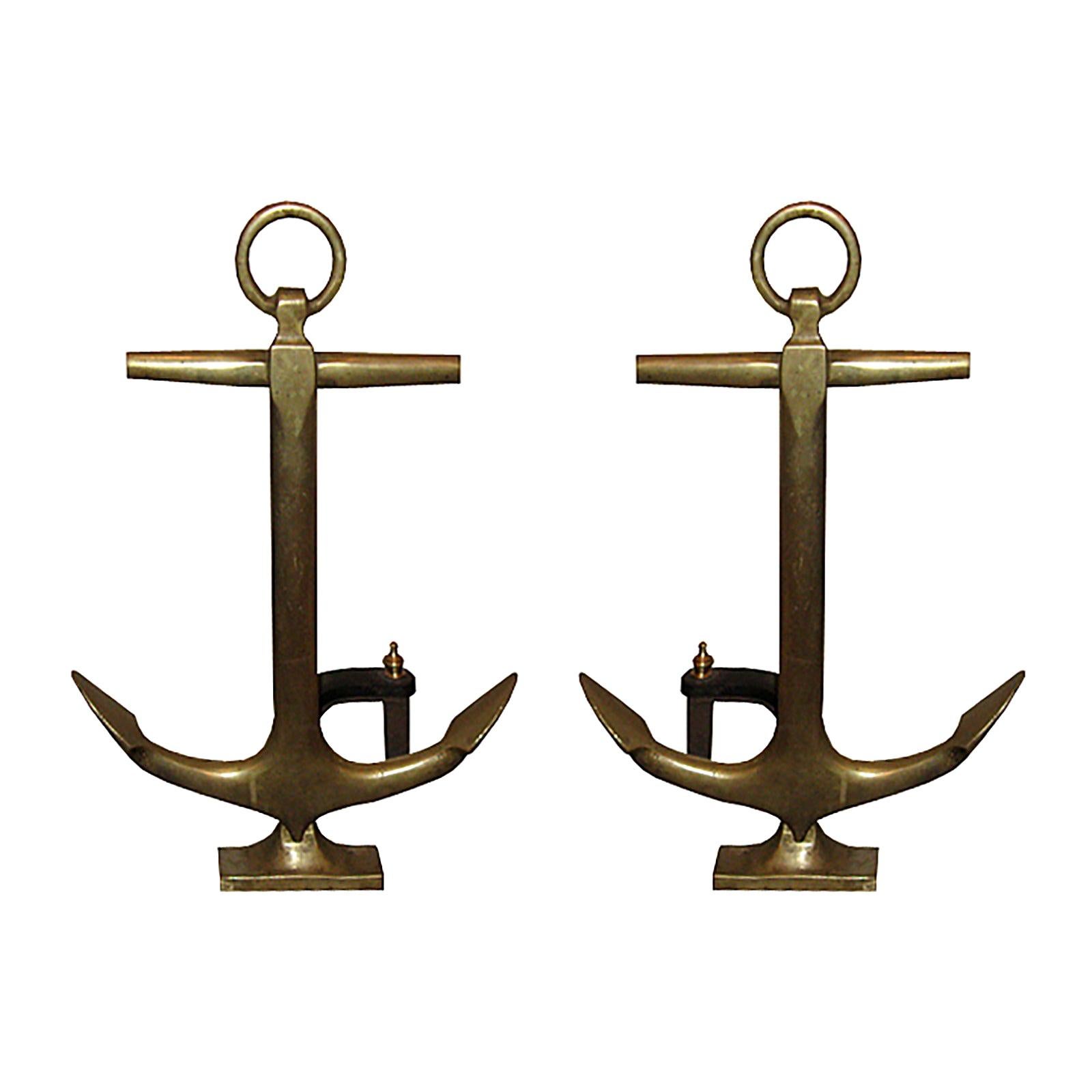 Pair of 20th Century Brass Anchor Andirons