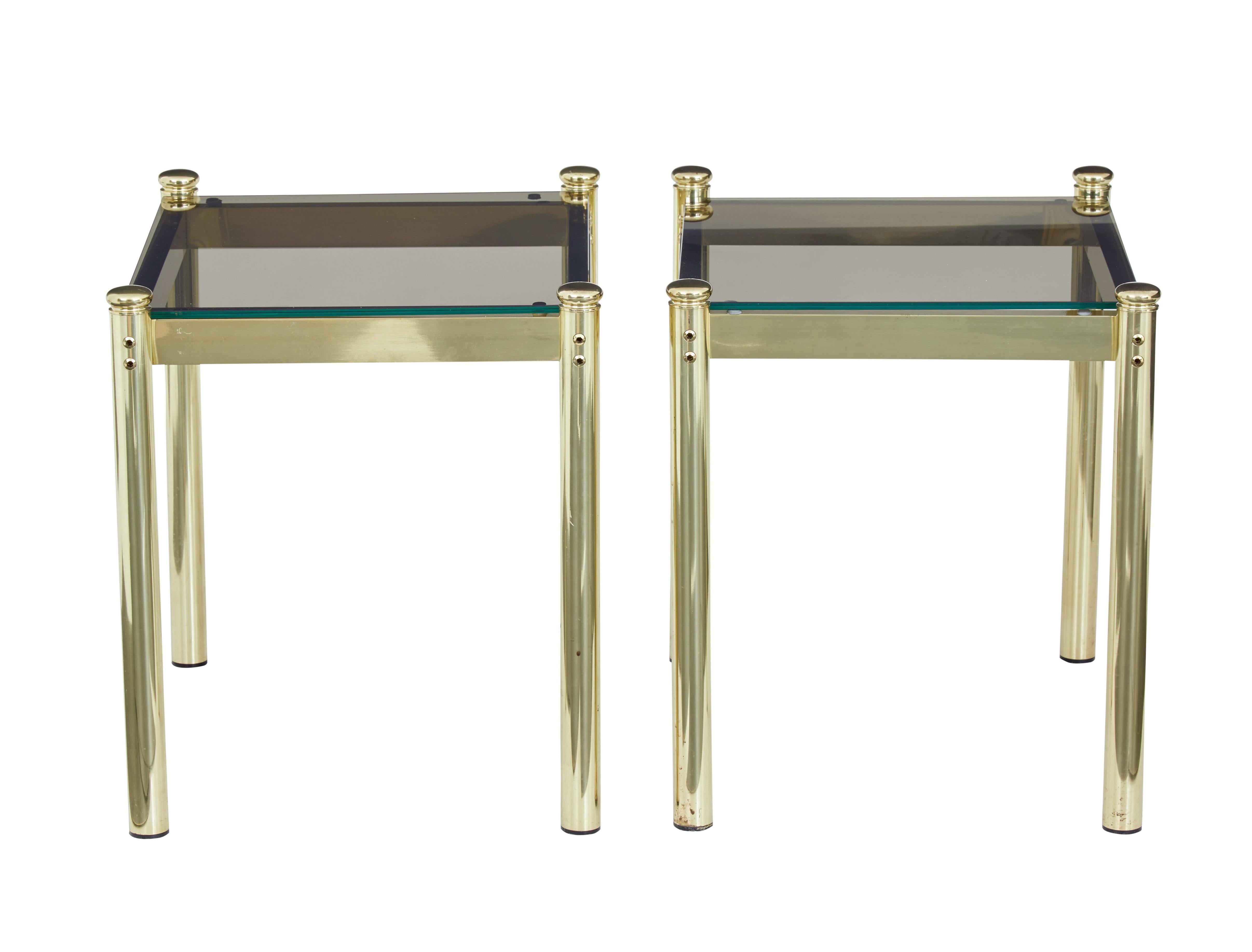 Mid-Century Modern Pair of 20th Century Brass and Glass Side Tables