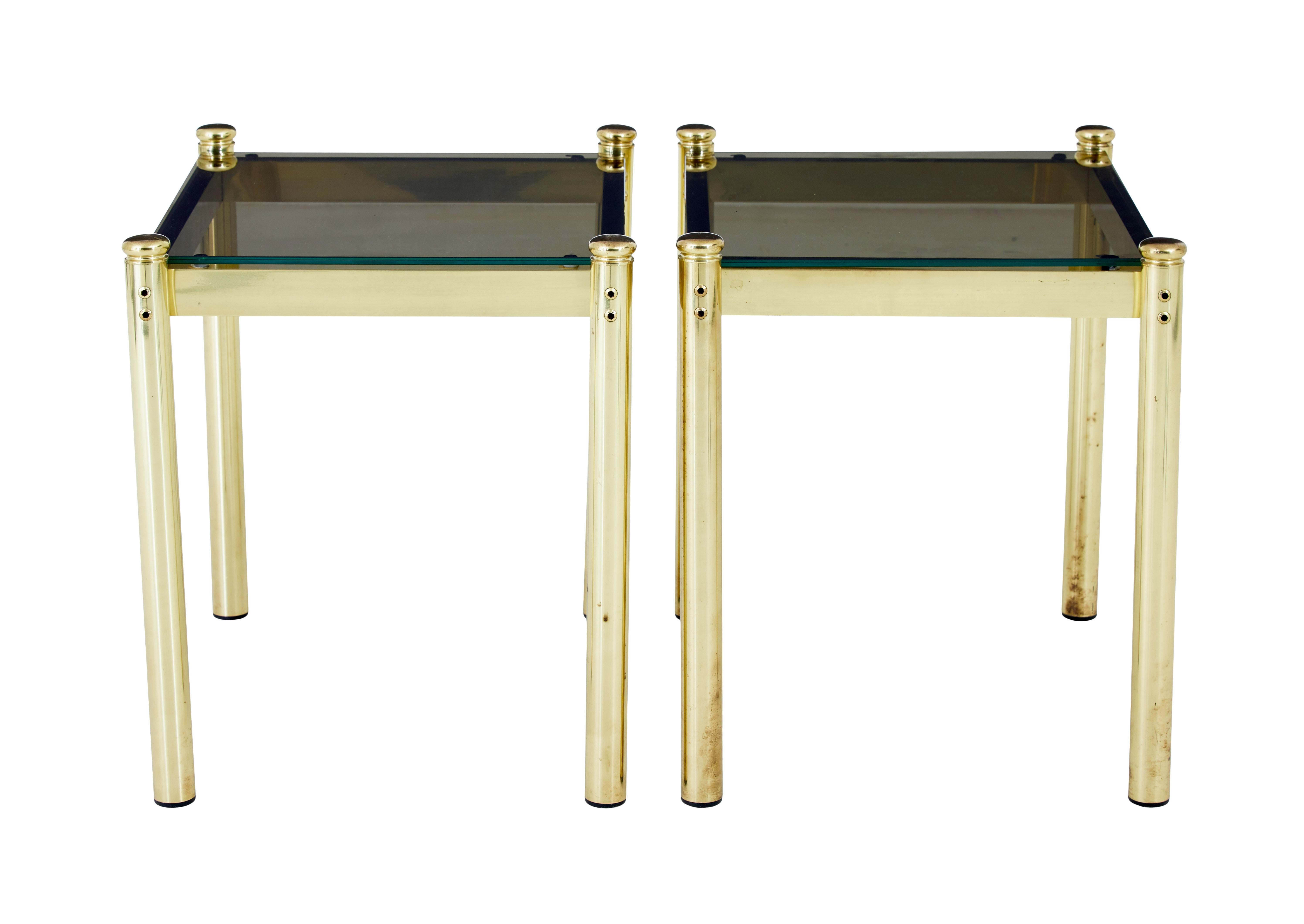 Mid-Century Modern Pair of 20th century brass and glass side tables For Sale