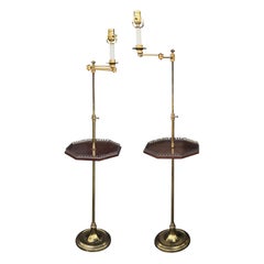 Pair of 20th Century Brass and Wood Swing Arm Floor Lamps with Tables