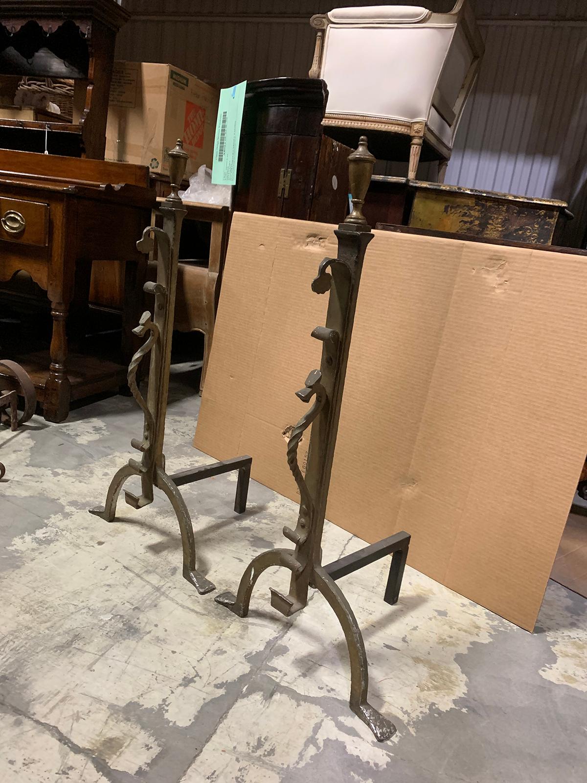 Pair of 20th Century Brass Andirons with Urn Finial In Good Condition For Sale In Atlanta, GA