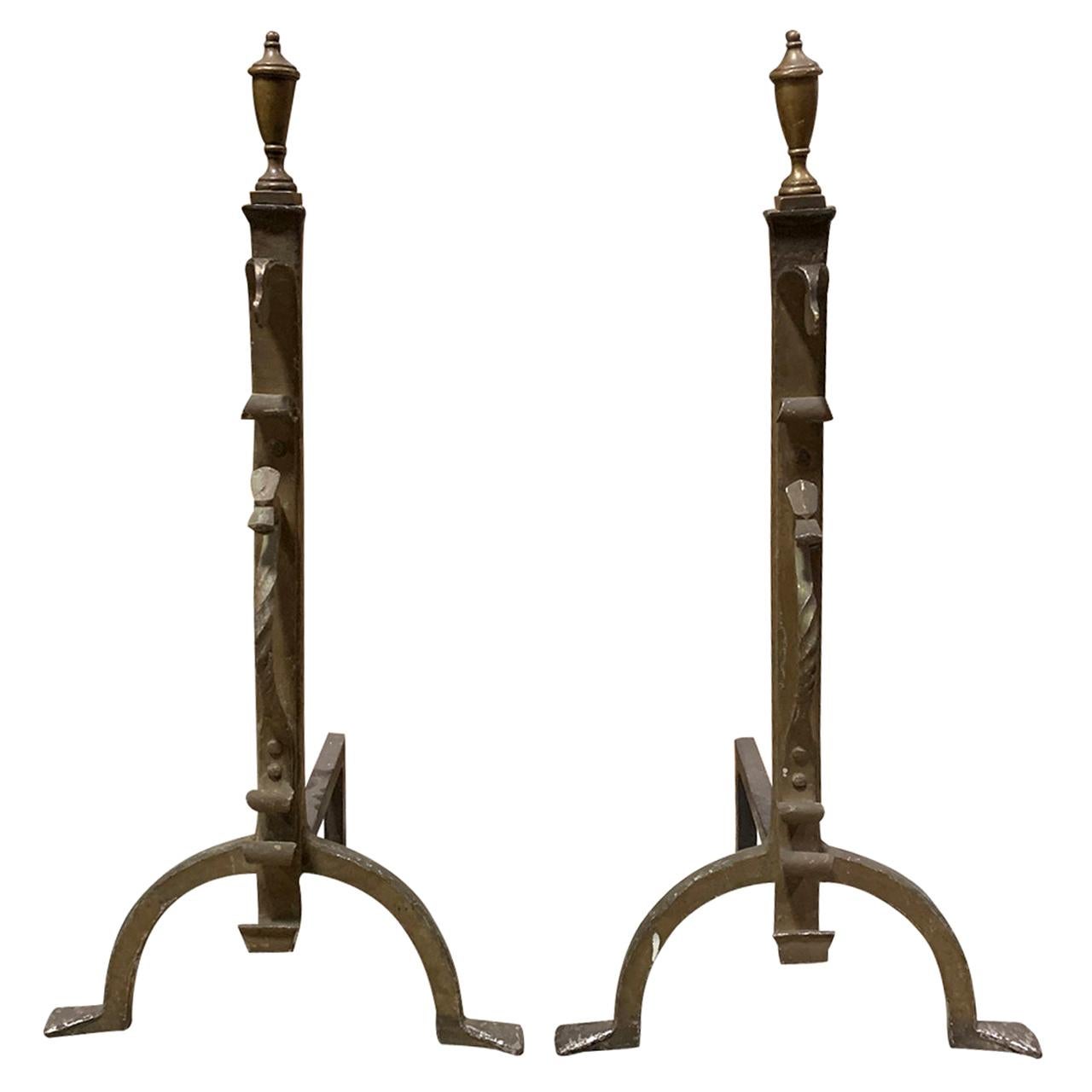 Pair of 20th Century Brass Andirons with Urn Finial For Sale