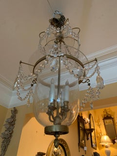 Pair of 20th Century Brass Bound Four-Light Bell Jar Lanterns, Crystal Prisms