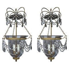 Pair of 20th Century Brass Bound Four-Light Bell Jar Lanterns, Crystal Prisms