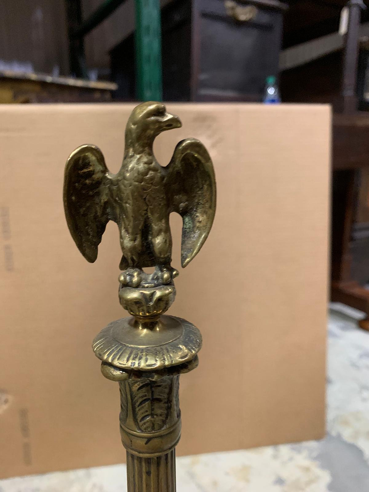 Pair of 20th Century Brass Fluted Column Andirons with Eagle Finials For Sale 7