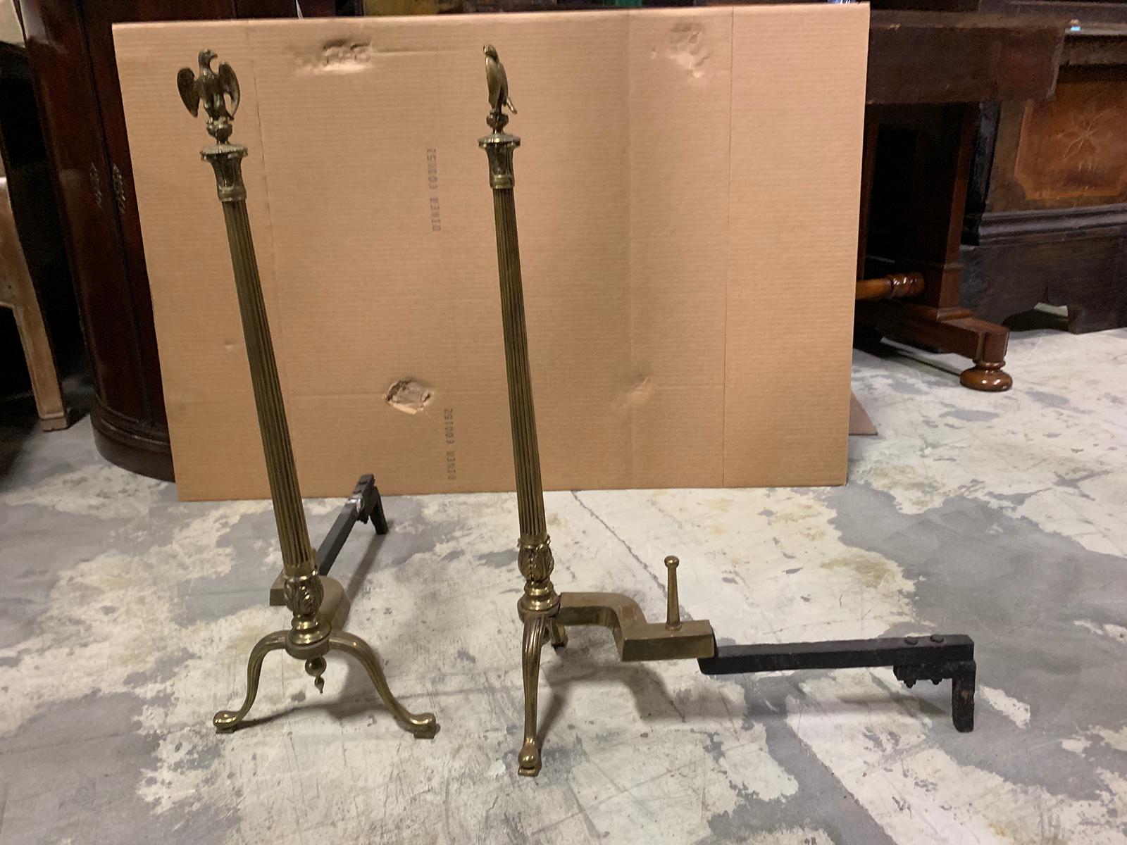 Pair of 20th Century Brass Fluted Column Andirons with Eagle Finials For Sale 12