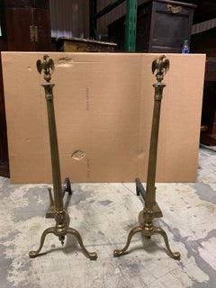Pair of 20th Century Brass Fluted Column Andirons with Eagle Finials