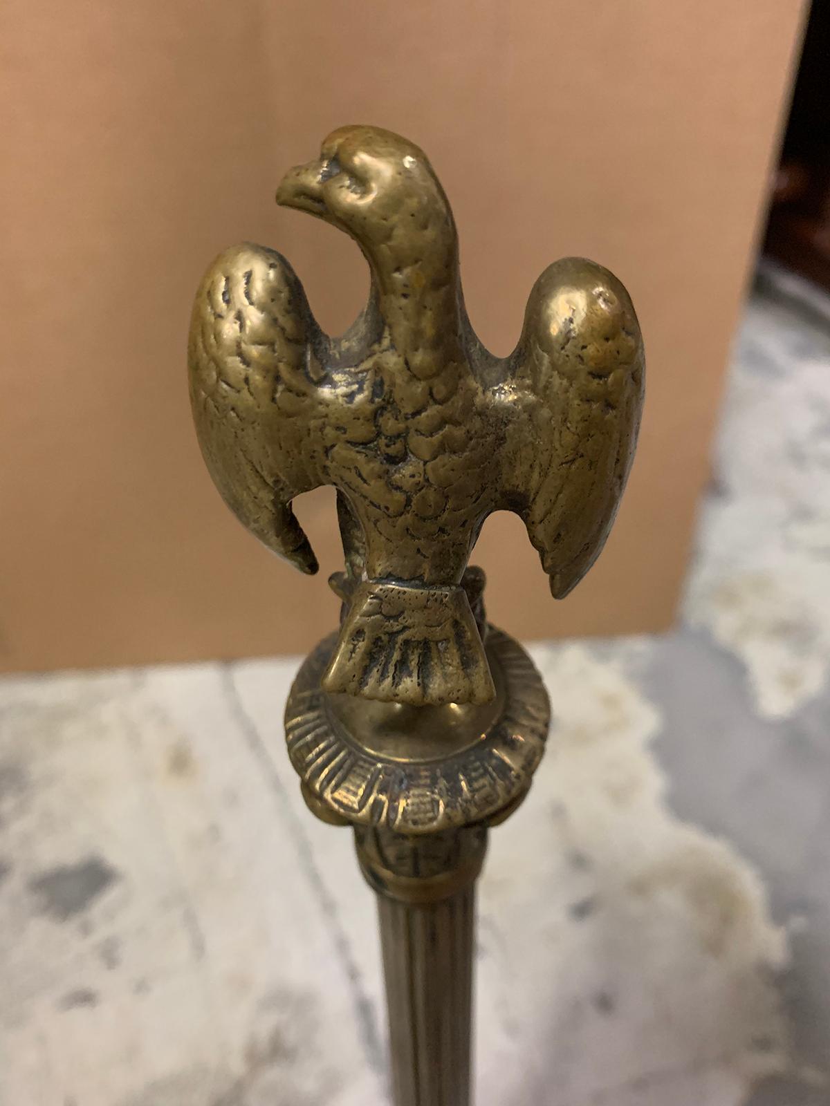 Pair of 20th Century Brass Fluted Column Andirons with Eagle Finials In Good Condition For Sale In Atlanta, GA
