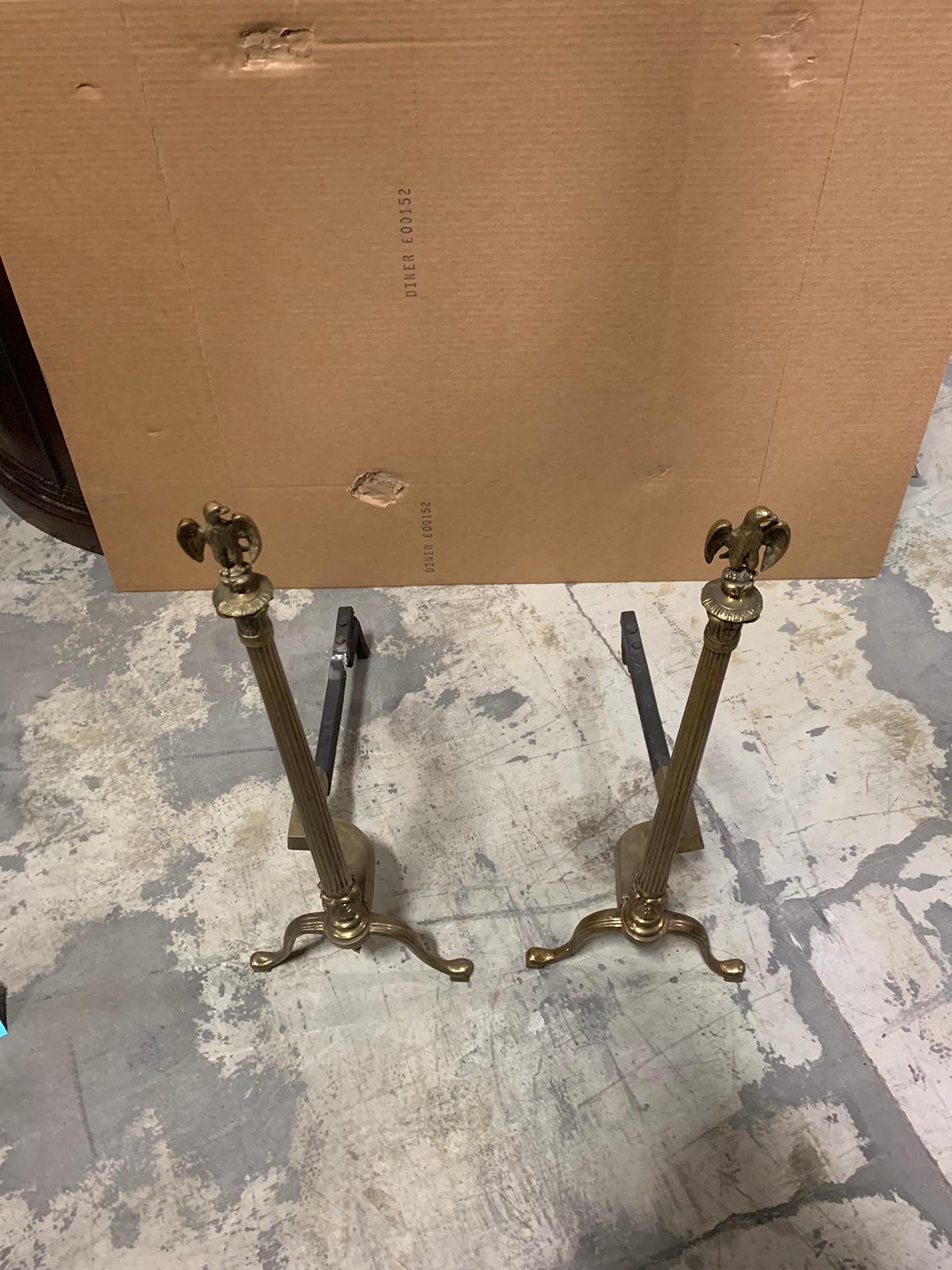 Pair of 20th Century Brass Fluted Column Andirons with Eagle Finials For Sale 1