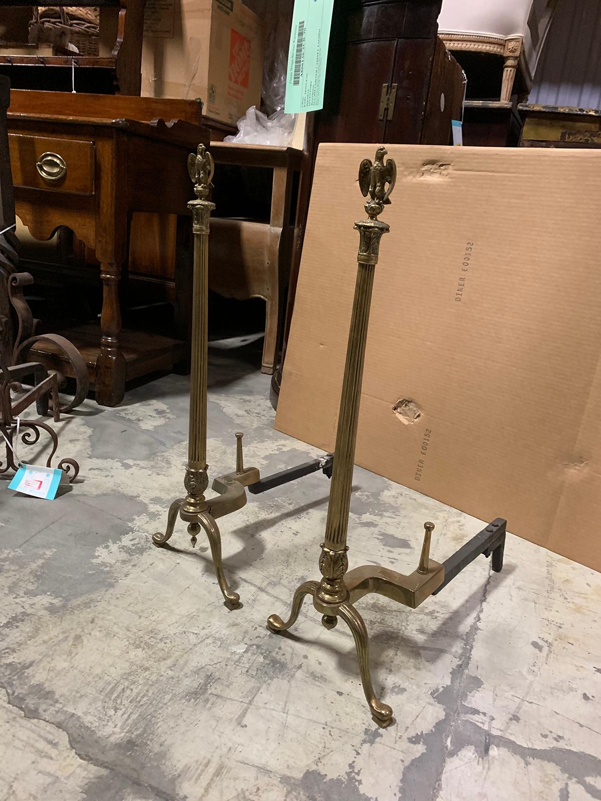 Pair of 20th Century Brass Fluted Column Andirons with Eagle Finials For Sale 3