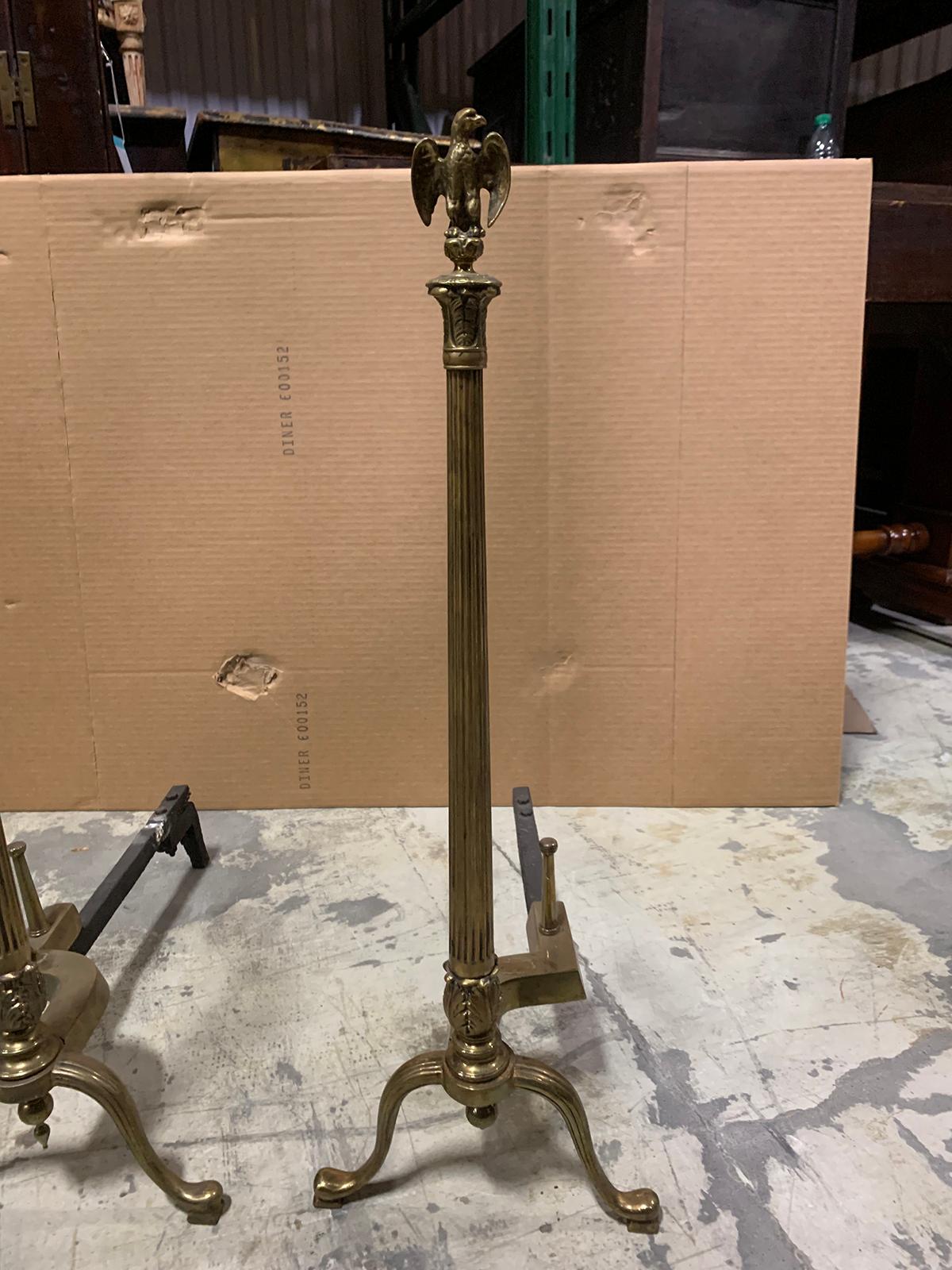 Pair of 20th Century Brass Fluted Column Andirons with Eagle Finials For Sale 4