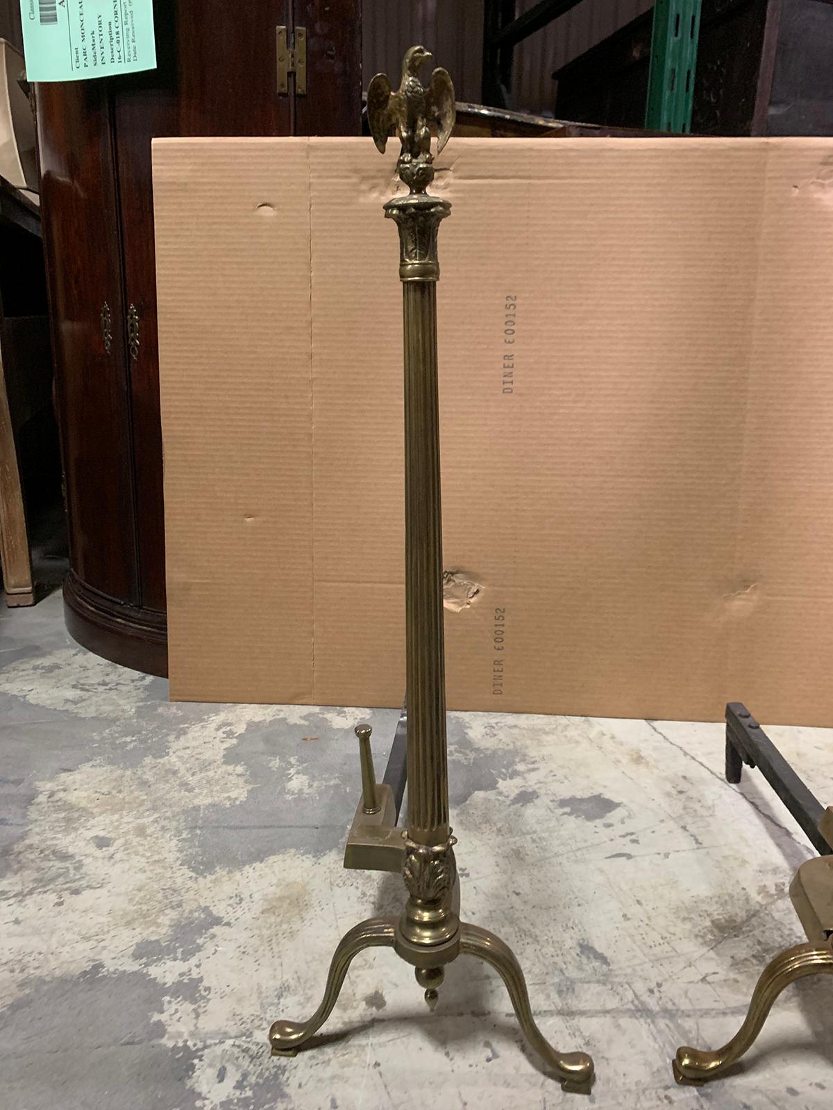 Pair of 20th Century Brass Fluted Column Andirons with Eagle Finials For Sale 5