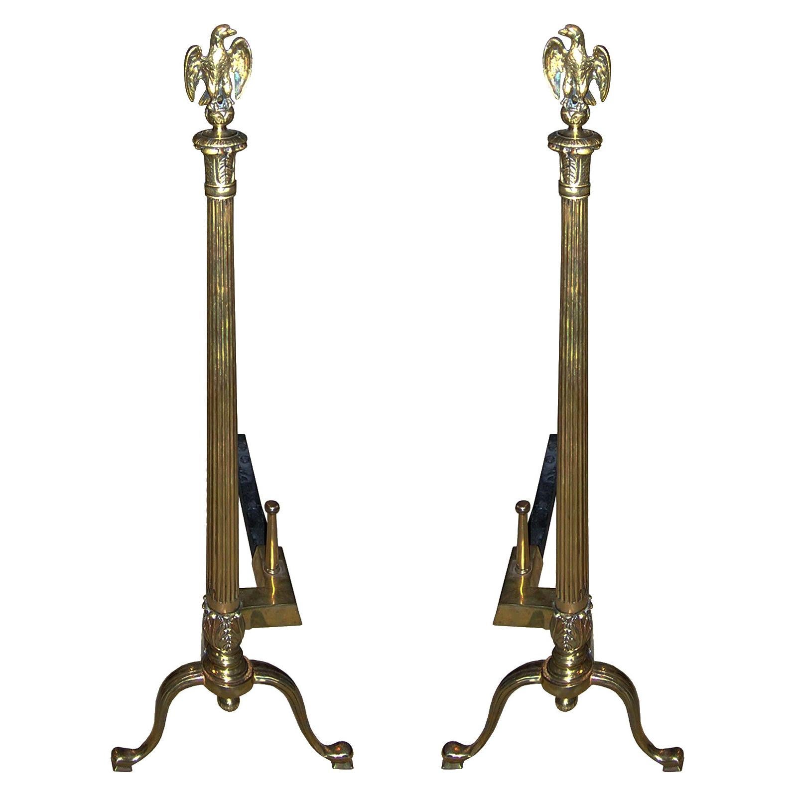 Pair of 20th Century Brass Fluted Column Andirons with Eagle Finials For Sale
