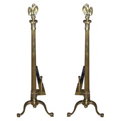 Pair of 20th Century Brass Fluted Column Andirons with Eagle Finials