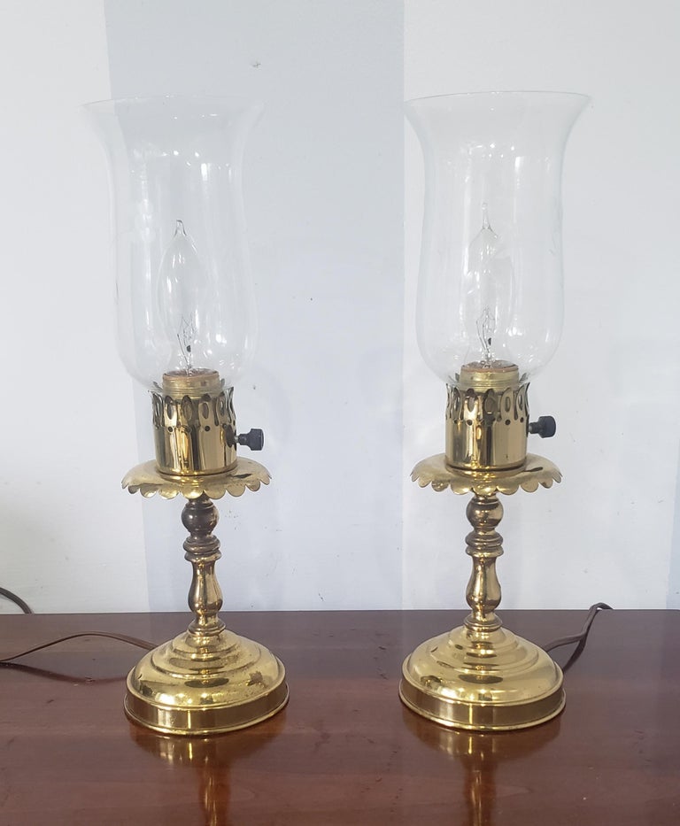Pair of 20th Century Brass Hurricane Lamps For Sale at 1stDibs