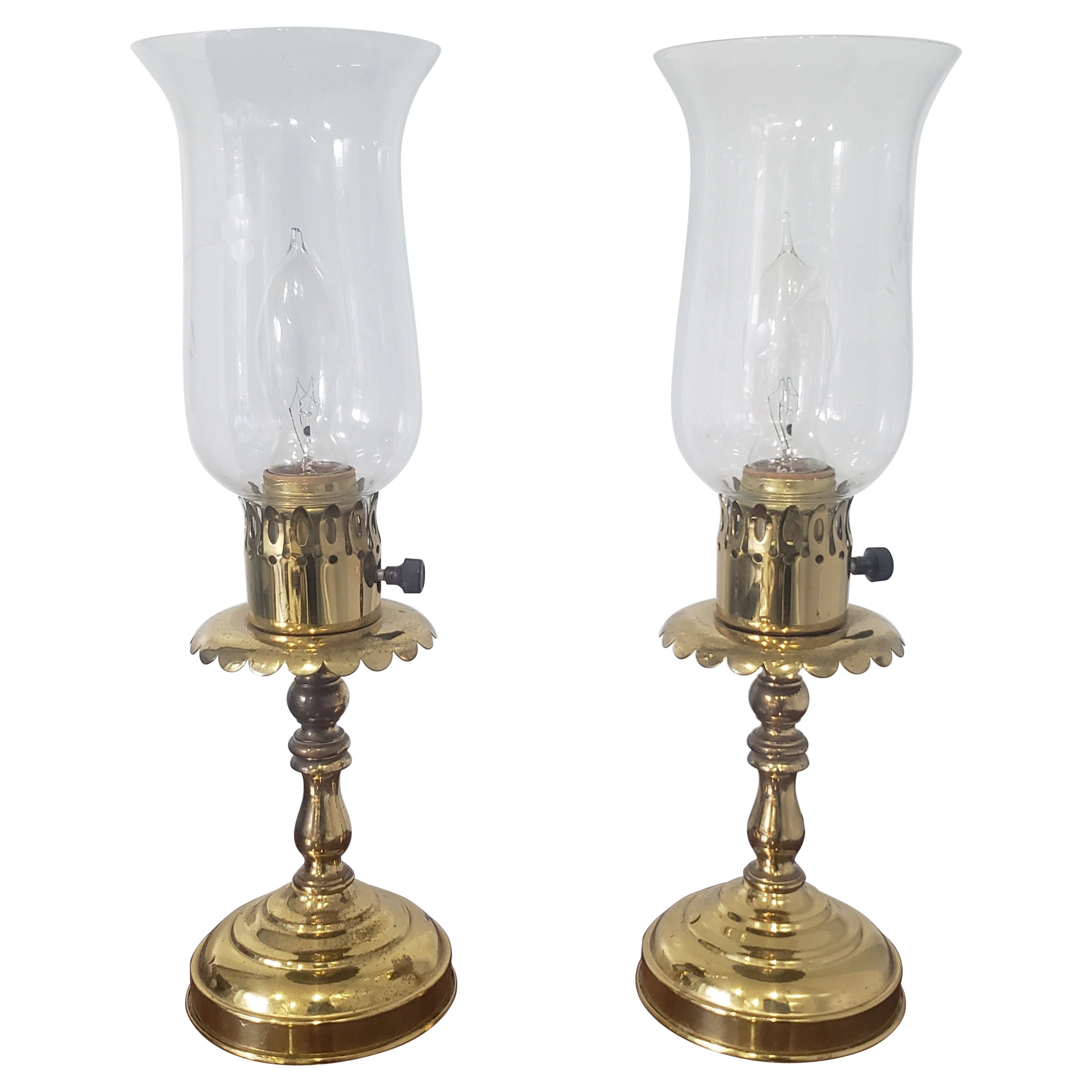 Pair of 20th Century Brass Hurricane Lamps