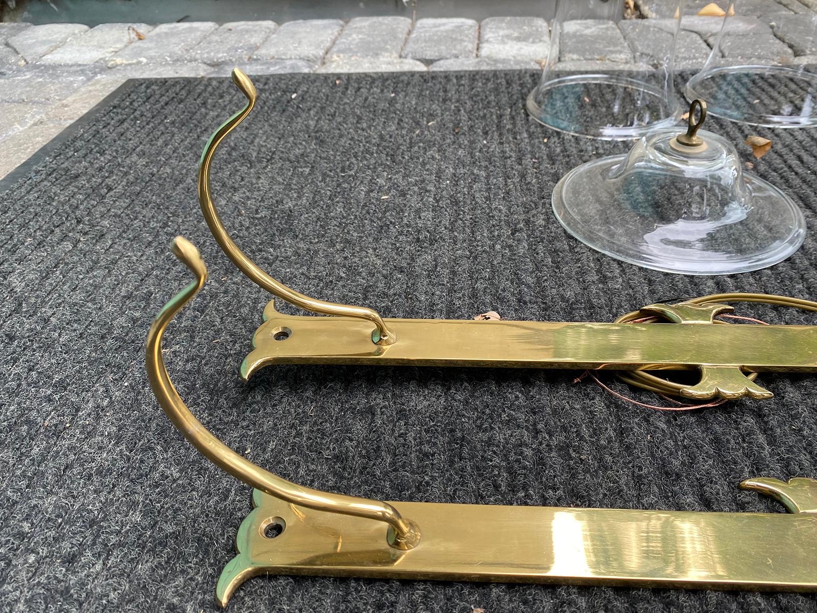 Pair of 20th Century Brass Hurricane & Smoke Bell Sconces, Hand Blown Glass 14
