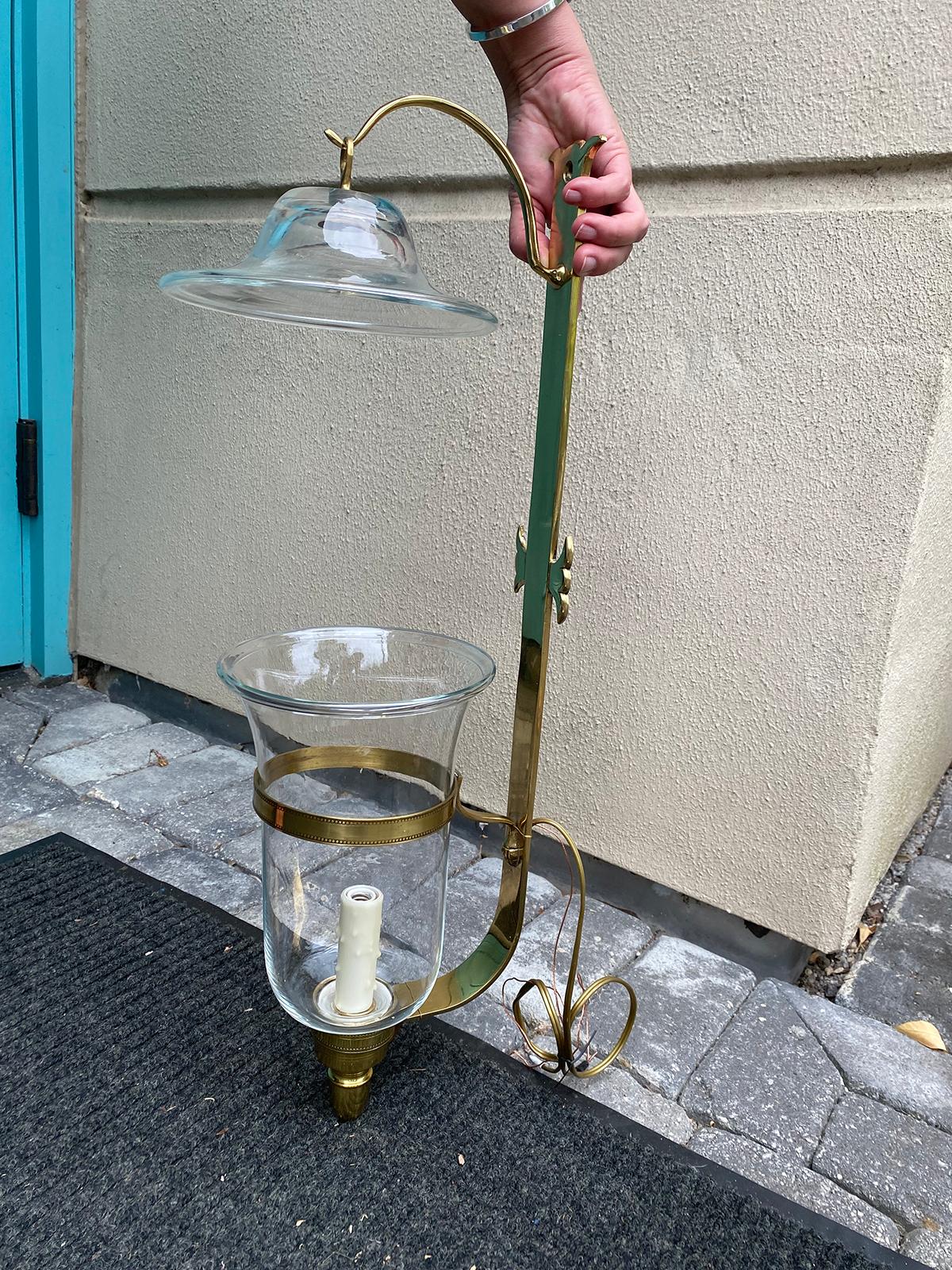 Pair of 20th Century Brass Hurricane & Smoke Bell Sconces, Hand Blown Glass In Good Condition In Atlanta, GA