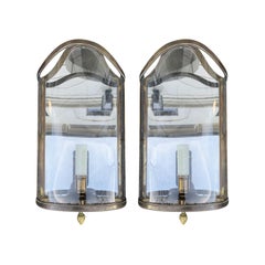 Pair of 20th Century Brass and Mirrored Sconces with Curved Glass, Acorn Finial