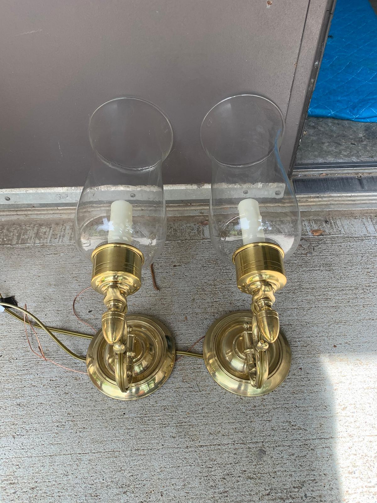 Pair of 20th Century Brass One-Arm Sconces with Hurricanes 14