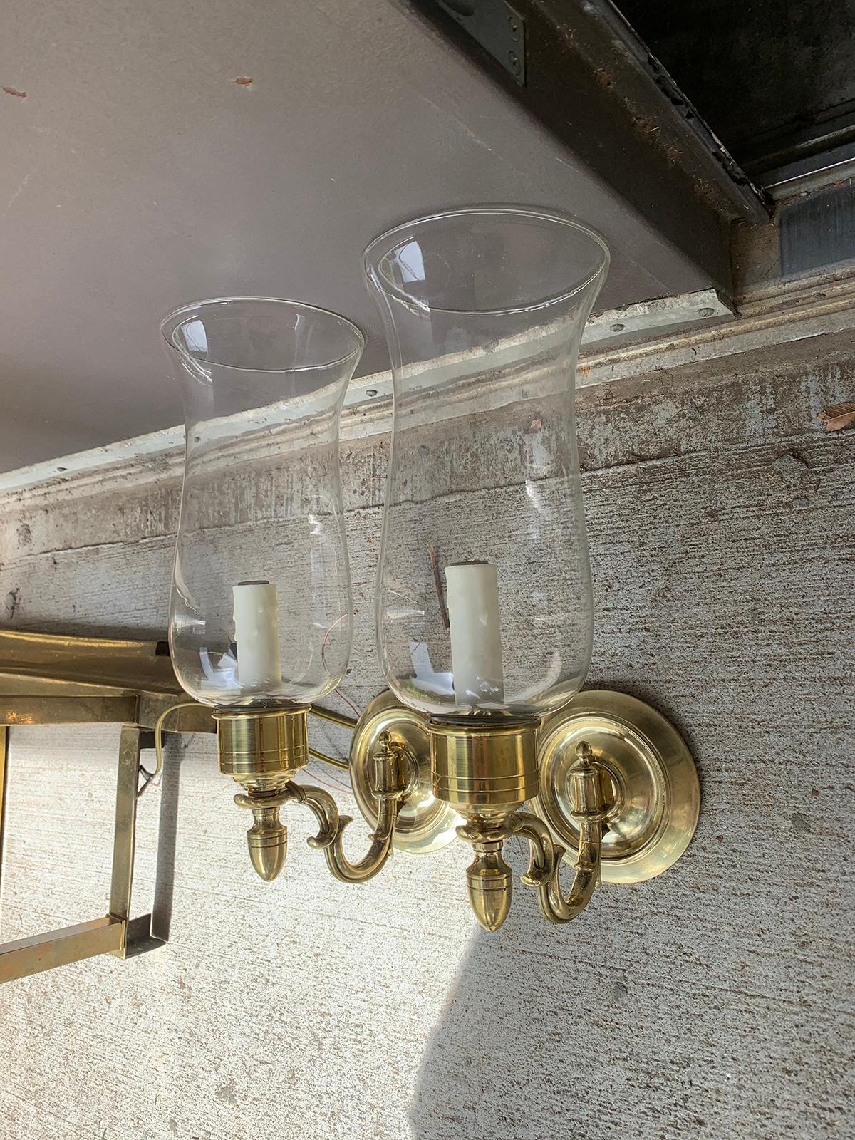 Pair of 20th Century Brass One-Arm Sconces with Hurricanes In Good Condition In Atlanta, GA