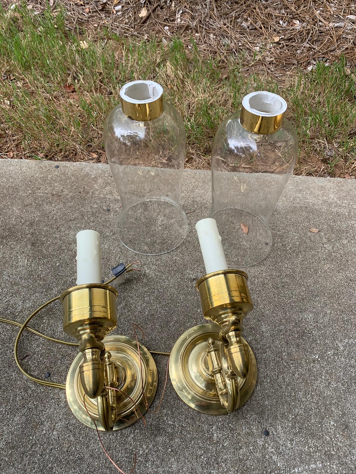 Pair of 20th Century Brass One-Arm Sconces with Hurricanes 6