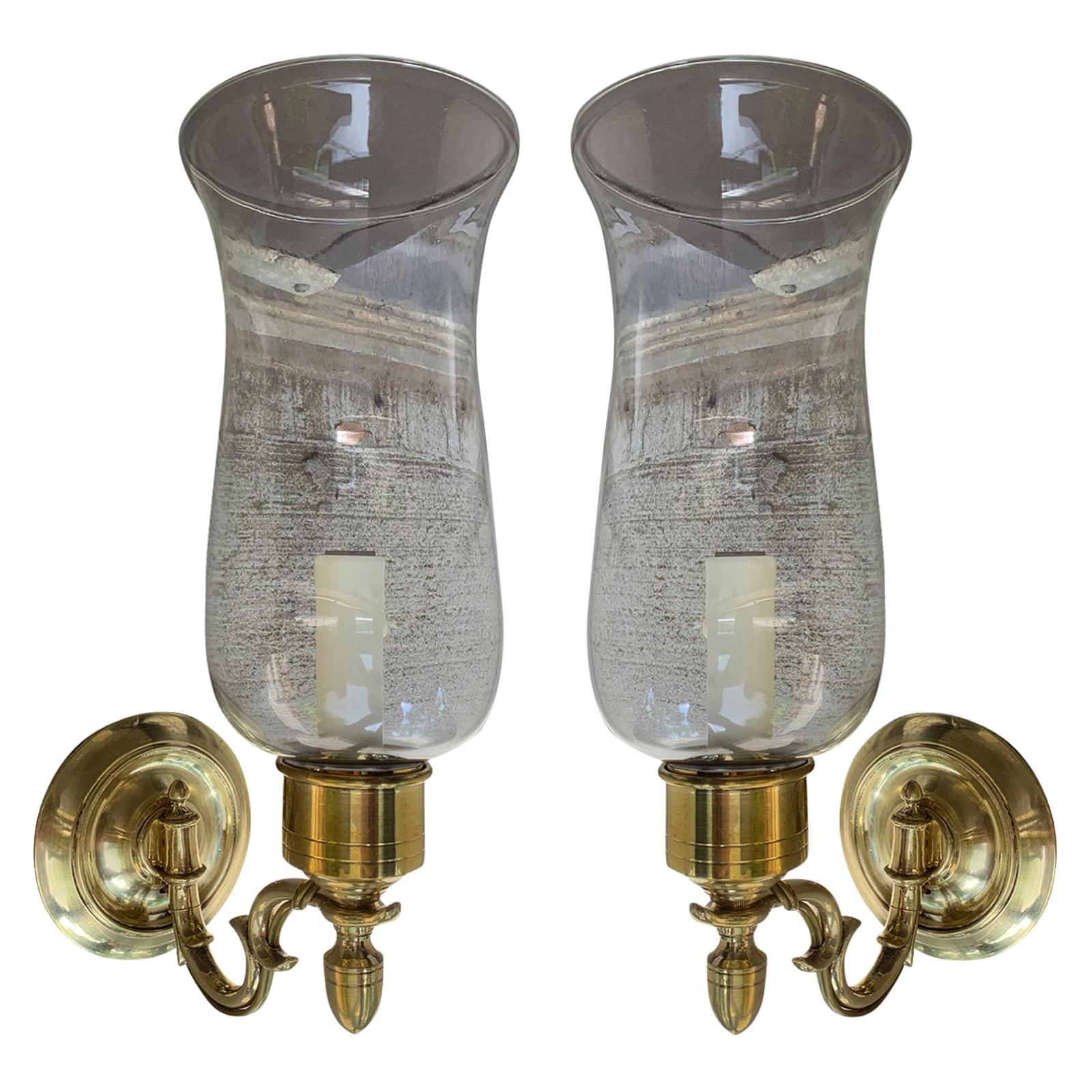 Pair of 20th Century Brass One-Arm Sconces with Hurricanes