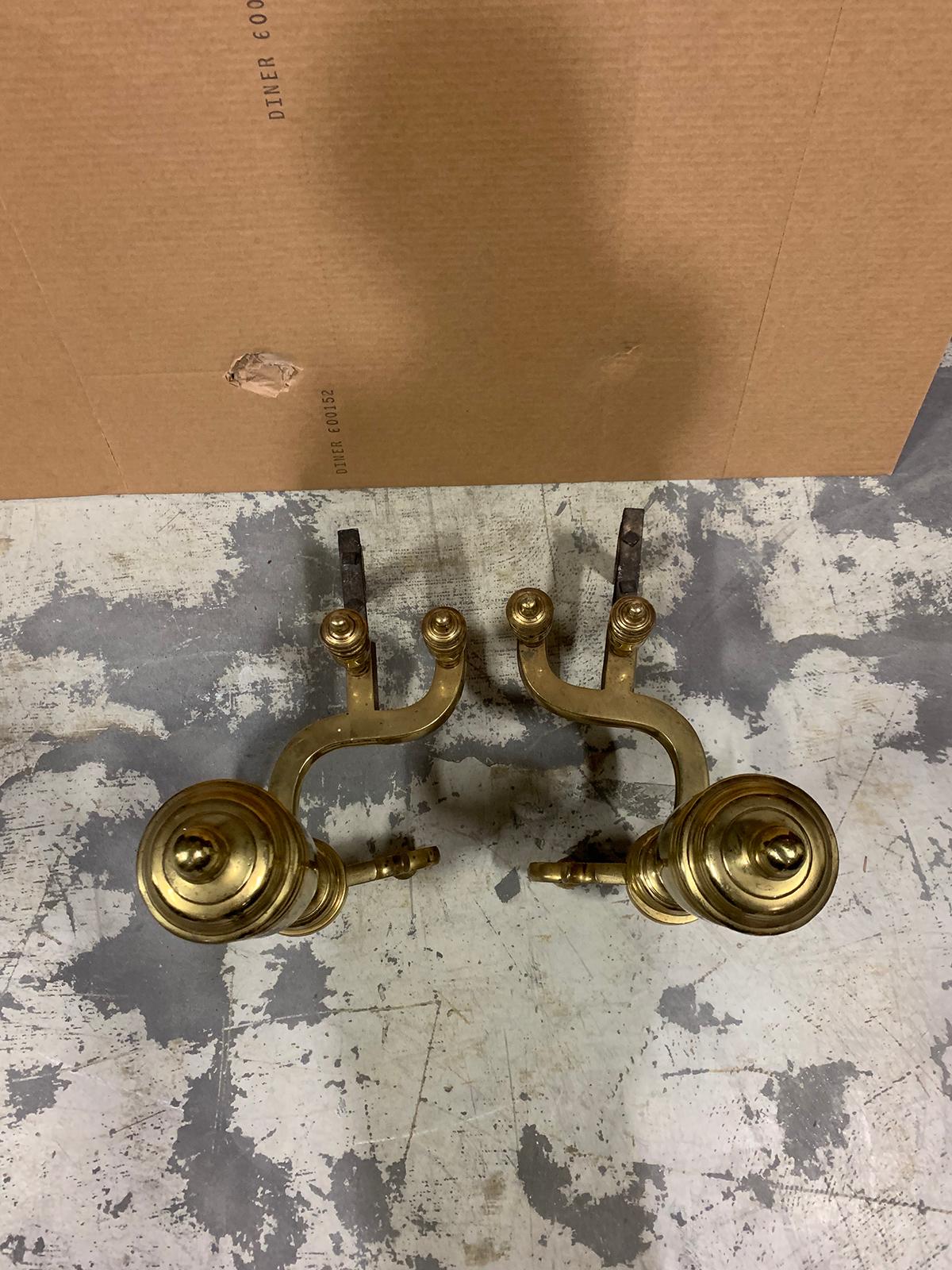Pair of 20th Century Brass Urn Andirons with Scrolled Feet For Sale 7