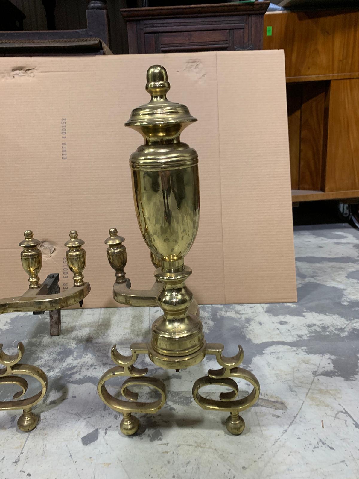 Pair of 20th Century Brass Urn Andirons with Scrolled Feet For Sale 8