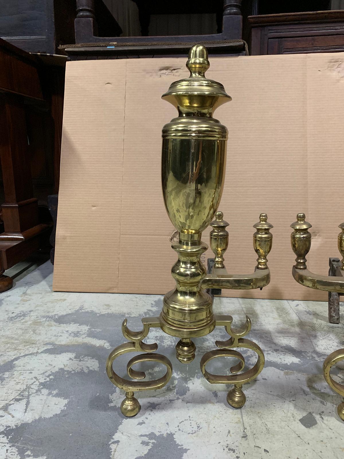Pair of 20th Century Brass Urn Andirons with Scrolled Feet For Sale 9