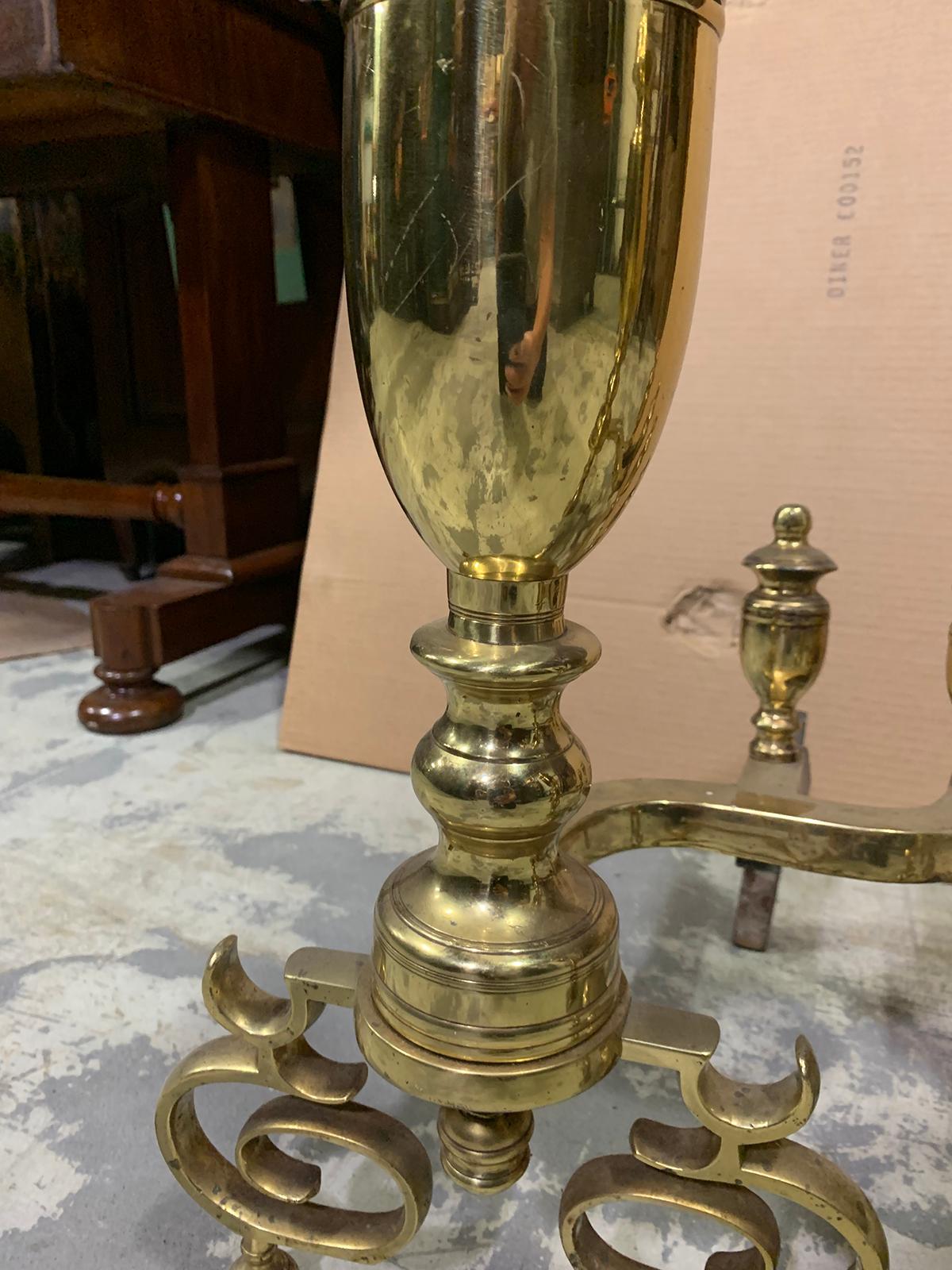 Pair of 20th Century Brass Urn Andirons with Scrolled Feet For Sale 10