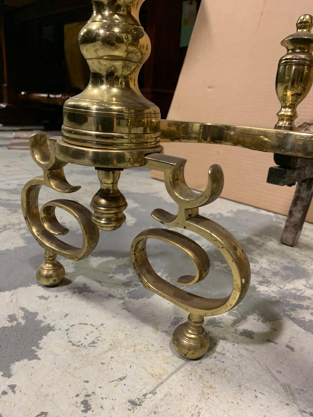 Pair of 20th Century Brass Urn Andirons with Scrolled Feet For Sale 11