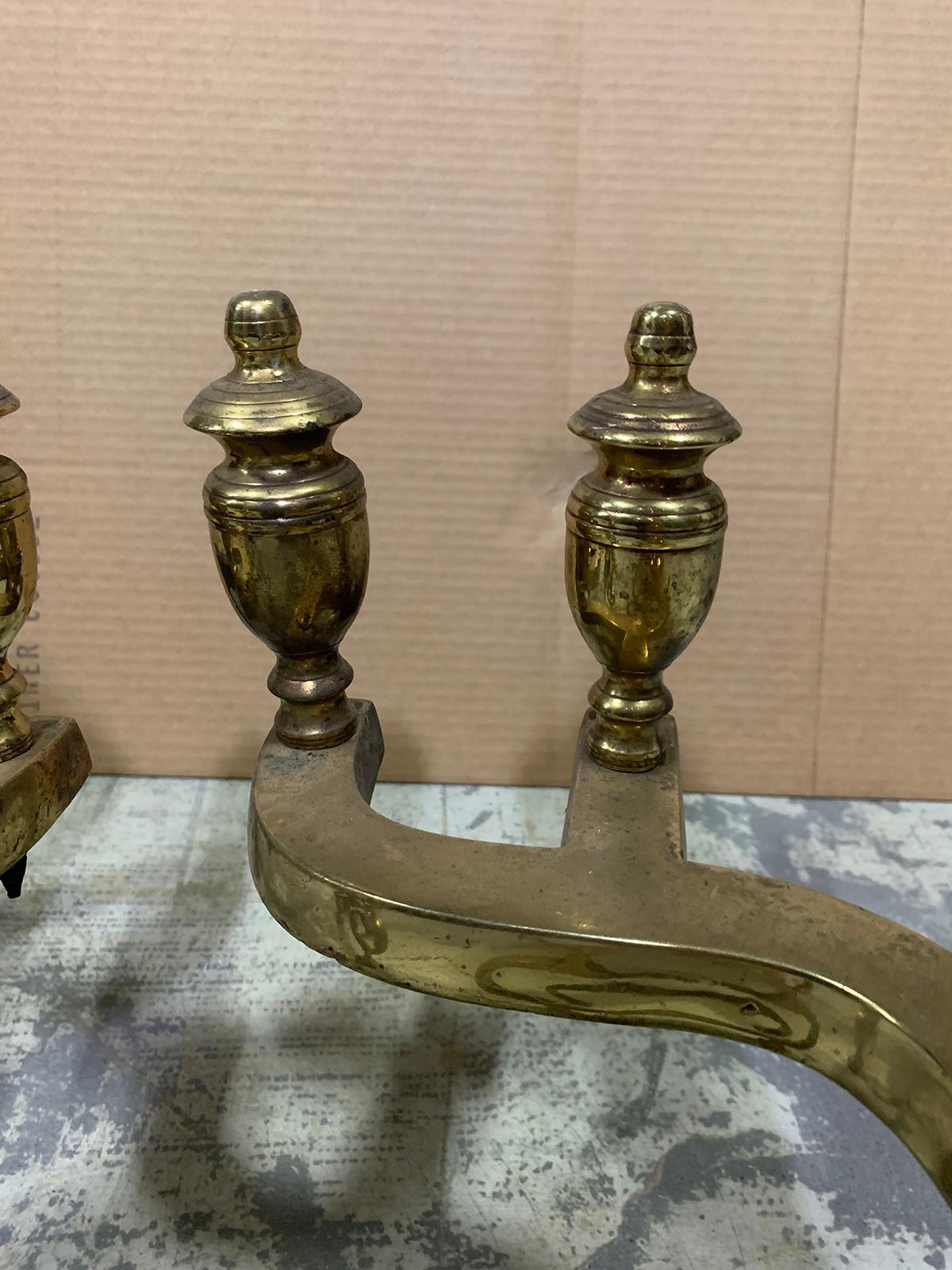 Pair of 20th Century Brass Urn Andirons with Scrolled Feet For Sale 12