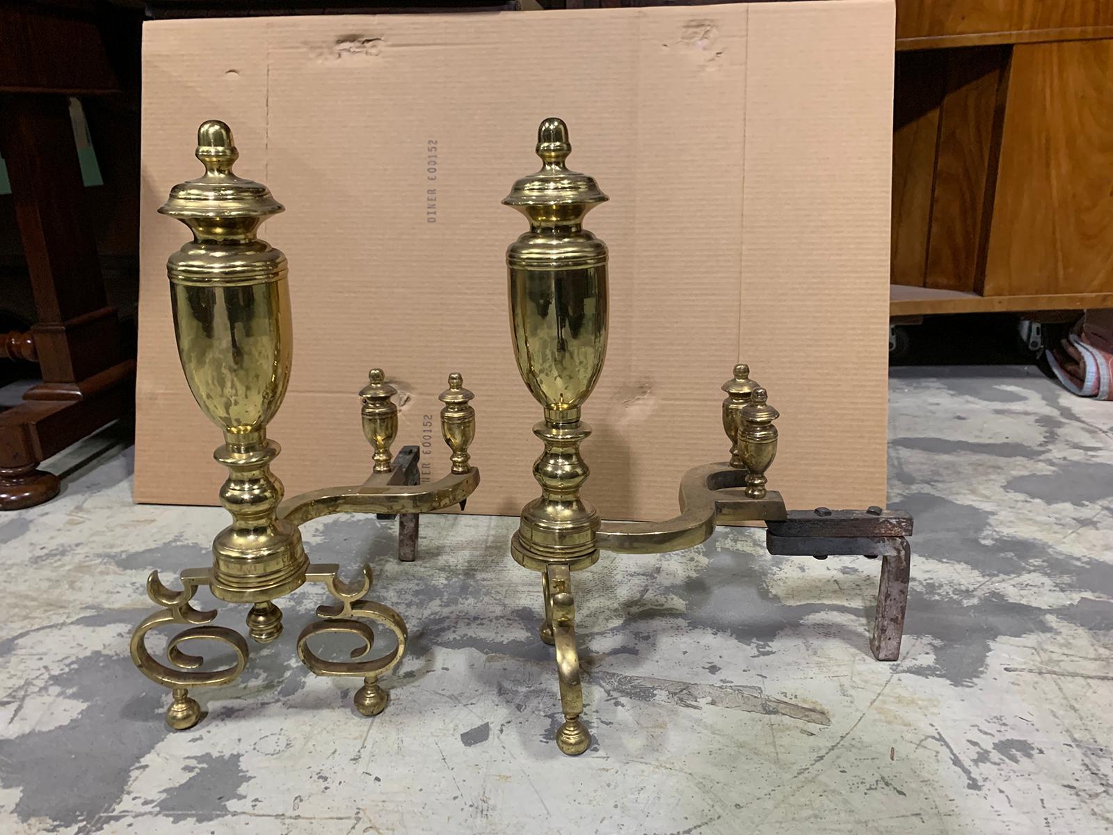 Pair of 20th Century Brass Urn Andirons with Scrolled Feet For Sale 13