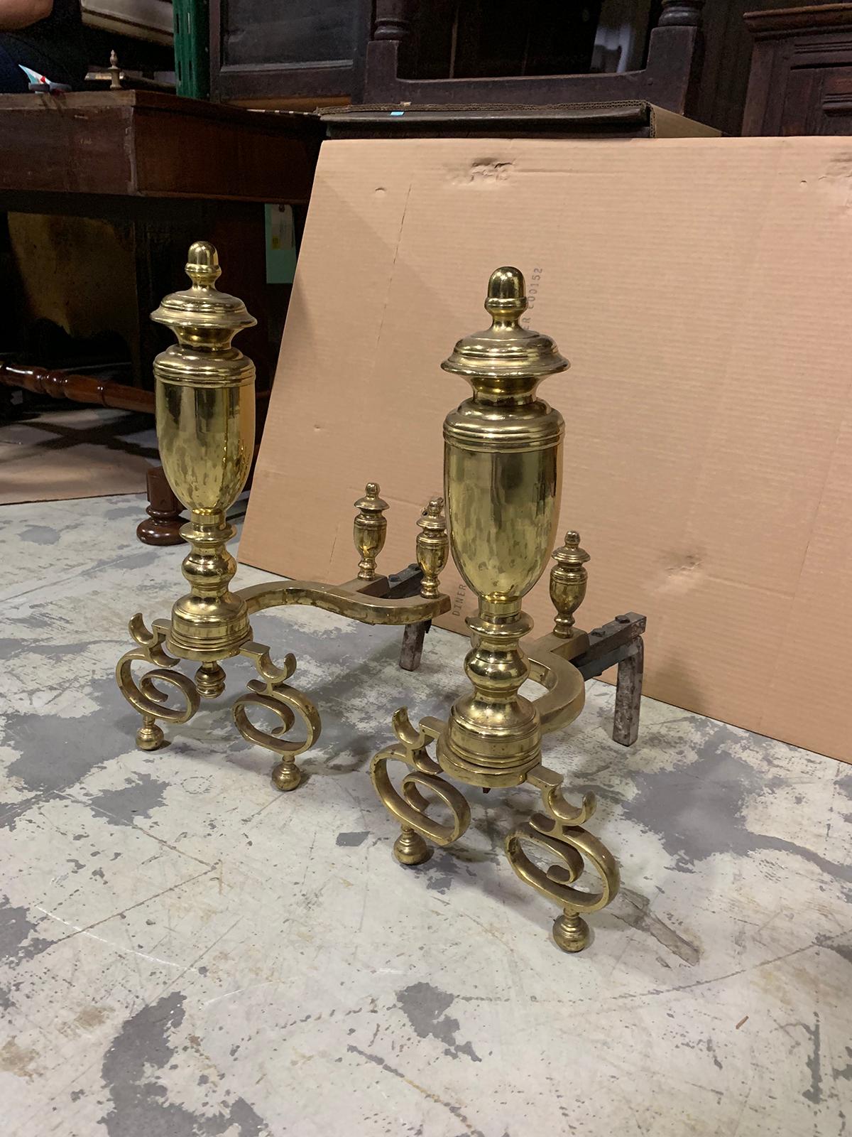 Pair of 20th Century Brass Urn Andirons with Scrolled Feet In Good Condition For Sale In Atlanta, GA