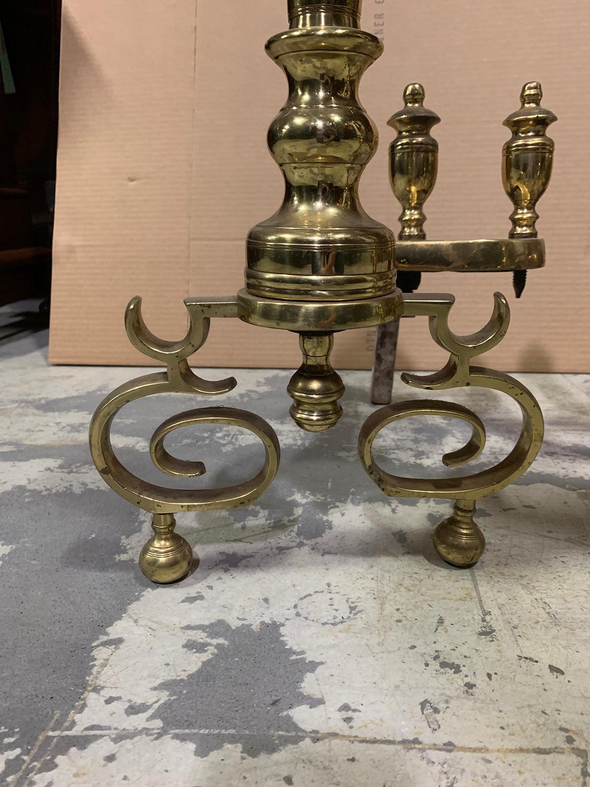 Pair of 20th Century Brass Urn Andirons with Scrolled Feet For Sale 1
