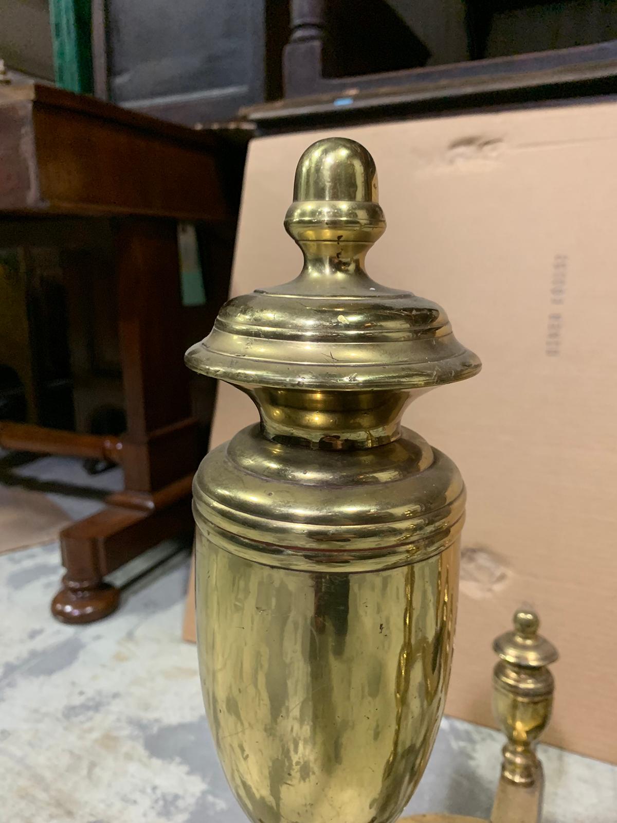 Pair of 20th Century Brass Urn Andirons with Scrolled Feet For Sale 3