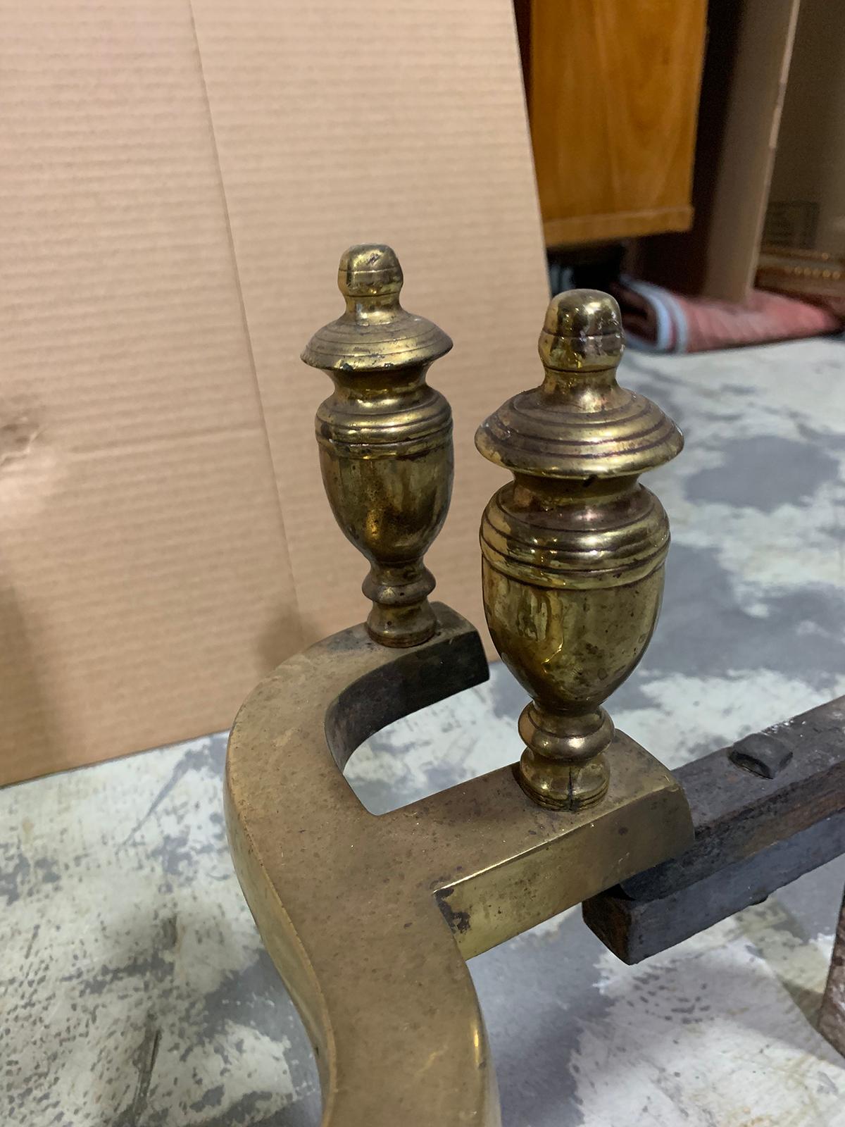 Pair of 20th Century Brass Urn Andirons with Scrolled Feet For Sale 4