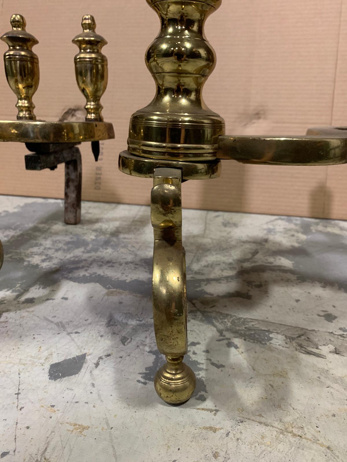 Pair of 20th Century Brass Urn Andirons with Scrolled Feet For Sale 5
