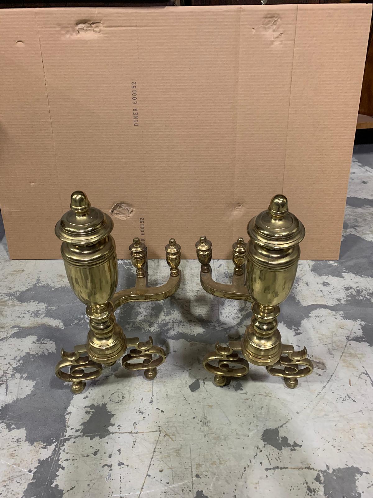 Pair of 20th Century Brass Urn Andirons with Scrolled Feet For Sale 6