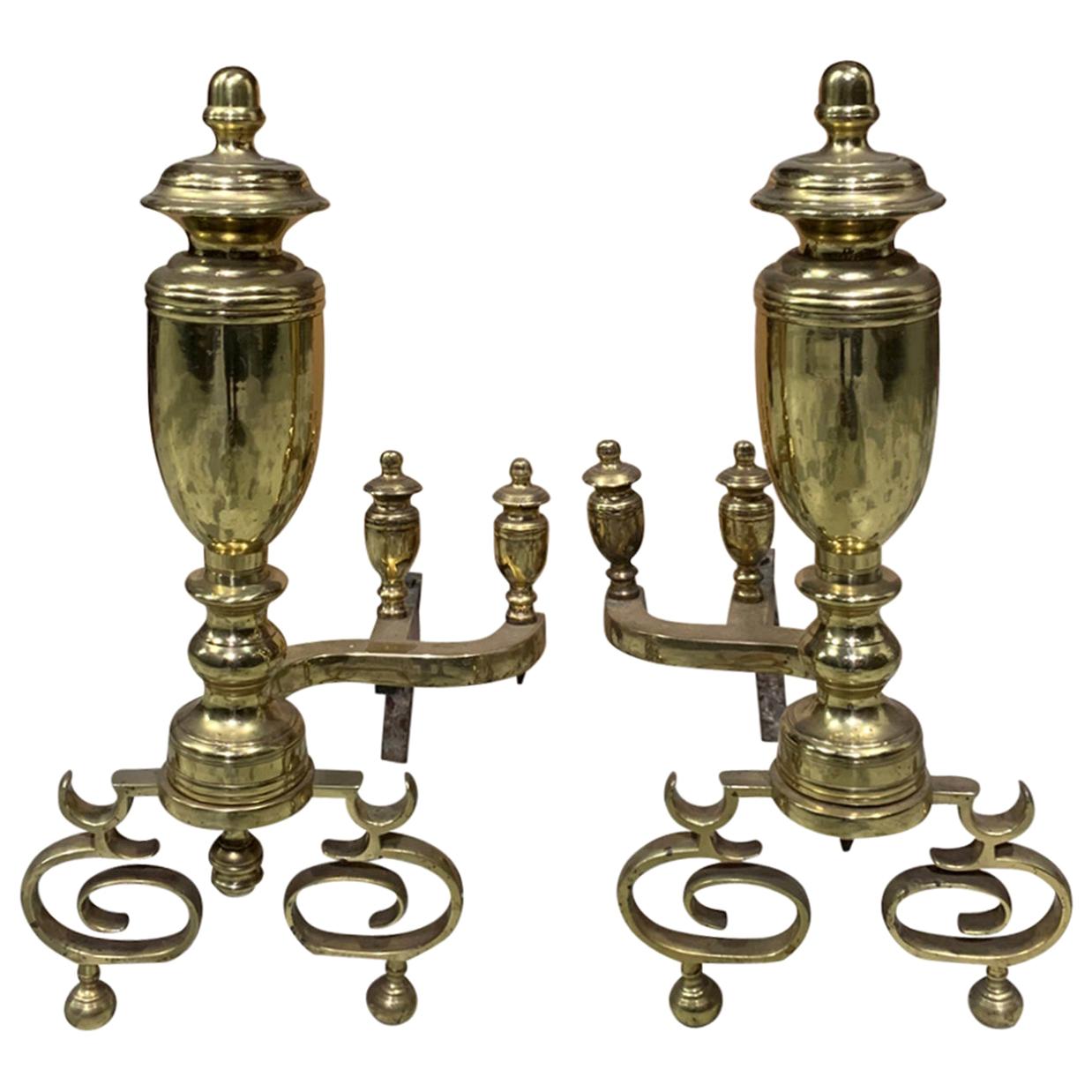 Pair of 20th Century Brass Urn Andirons with Scrolled Feet For Sale