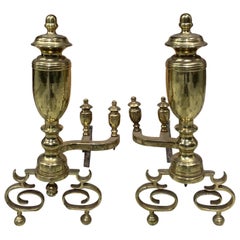 Pair of 20th Century Brass Urn Andirons with Scrolled Feet