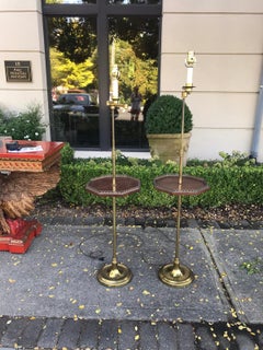 Pair of 20th Century Brass and Wood Swing Arm Floor Lamps with Tables