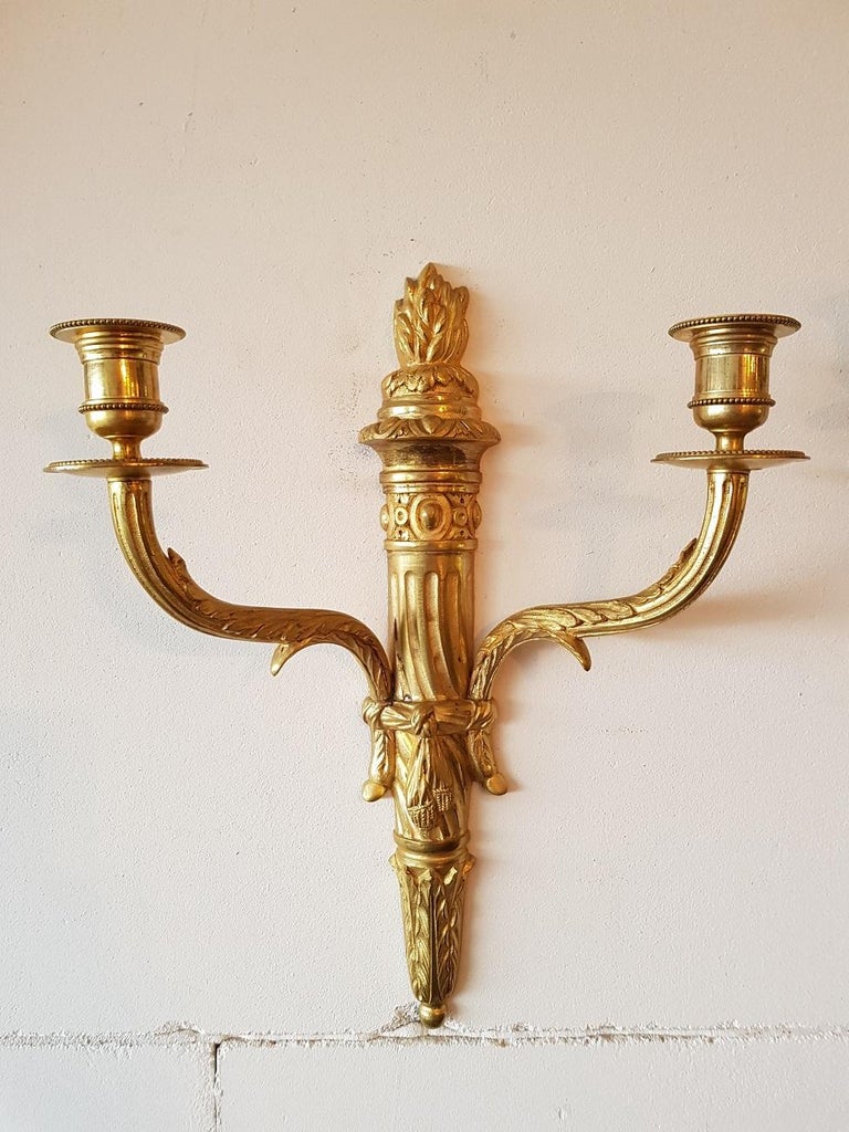 Pair of 20th Century Bronze Candle Sconces in Louis XVI Style For Sale